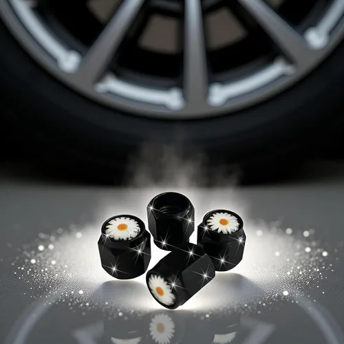 Vista 2 de Tapas de vástago de válvula de neumático de margarita, 4 tapas de válvula de aire de metal negro, tapas de vástago de rueda de automóvil
