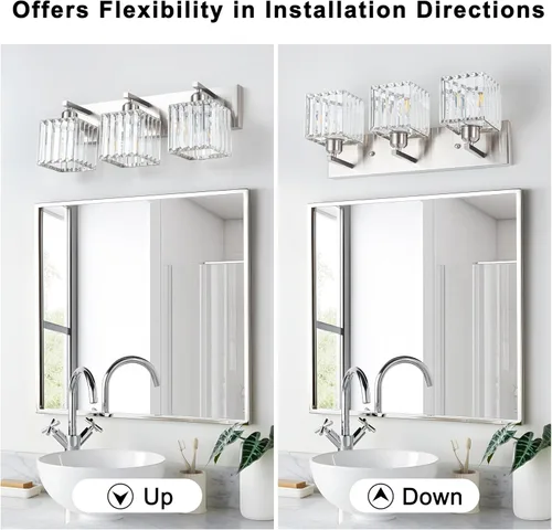 Vista 5 de Moderna lámpara de tocador de baño, 3 luces, moderna lámpara de baño de cristal cromado sobre espejo, iluminación de tocador de baño cromada