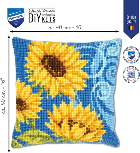 Vista 2 de Vervaco Kit de Cojín Punto de Cruz Girasoles Sobre Azul 16" x 16