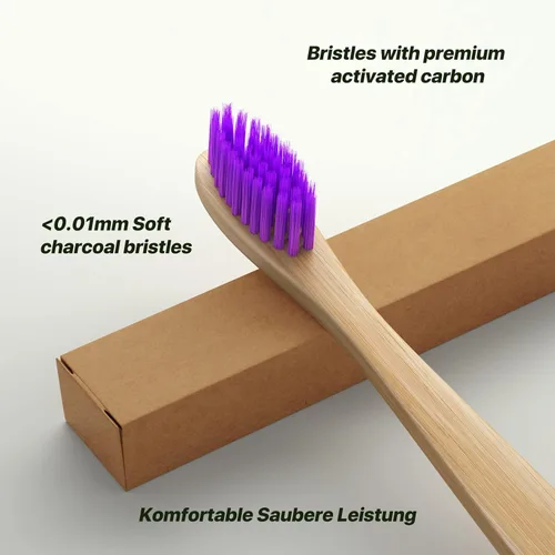 Vista 3 de Paquete de 10 cepillos de dientes de bambú Cepillos de dientes de carbón de bambú natural biodegradables y compostables ecológicos Cepillo