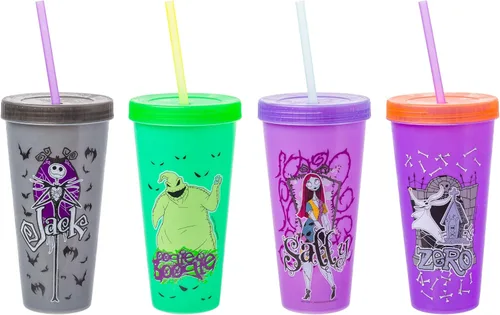 Silver Buffalo Disney Nightmare Before Christmas Character Grid - Paquete de 4 vasos de plástico que cambian de color, 24 onzas