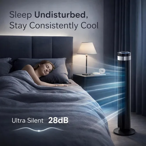 Vista 4 de Tower Fan for Bedroom, Oscillating Bladeless Fan with Remote, 5 Speeds 4 Modes Quiet Fan 28dB, 22.3ft/s High Velocity,12H Timer, LED Display Cooling