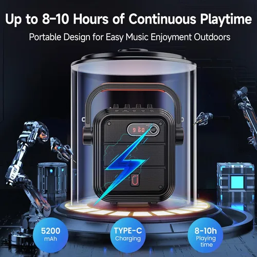 Vista 3 de JYX Máquina de karaoke con 2 micrófonos inalámbricos, altavoz Bluetooth portátil con correa de hombro, sistema de PA con soporte para subwoofer TWS