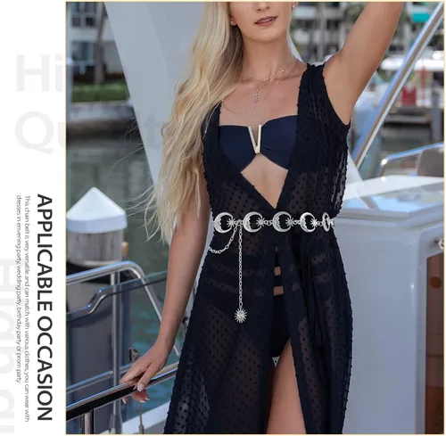 Vista 5 de FIORETTO Cinturón de cadena para mujer, cadena de metal para mujer, cadena multicapa para vestido