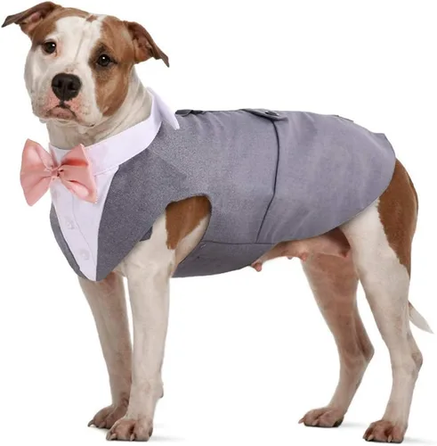 Vista 8 de IDOMIK Esmoquin para perro pequeño, mediano y grande, traje de boda formal para perro desmontable con chaleco de esmoquin, corbatín, collar