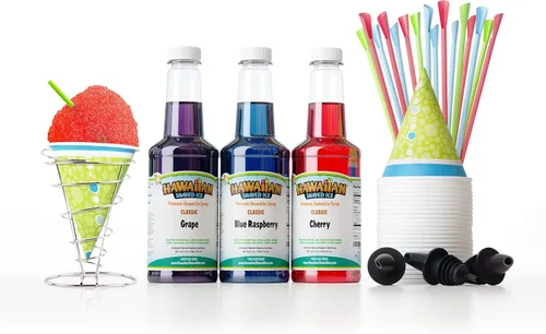 Vista 5 de Hawaiian Shaved Ice Paquete de máquina de cono de nieve con jarabes aromatizantes, con cereza, uva, jarabe de hielo afeitado de frambuesa azul