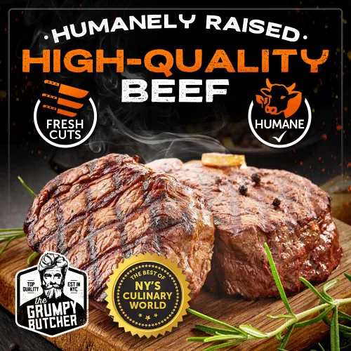 Vista 4 de Grumpy Butcher 6 Steaks Sampler Set Caja de regalo: 2 filetes grandes de filete mignon y 4 filetes de New York Strip - Calidad Prime Steakhouse