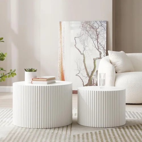 Vista 6 de Juego de 2 mesas auxiliares redondas anidables para sala de estar, mesa auxiliar moderna con acabado de MDF, mesa auxiliar circular de 2 piezas