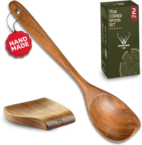 Vista 9 de Cuchara de madera de teca de mango largo de 12 pulgadas para cocinar con soporte de cuchara grande de teca, cucharas de madera de primera calidad