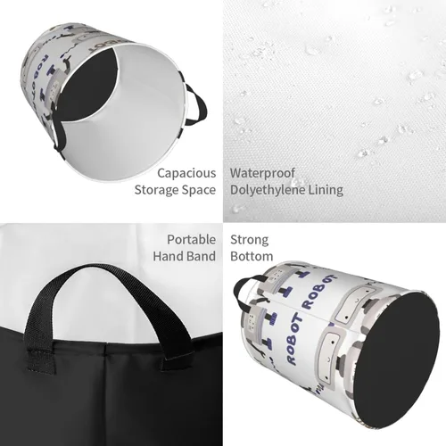 Vista 4 de Vintage Robots - Cesta de lavandería impermeable plegable con mango duradero, organizador de ropa sucia circular, cesta de almacenamiento