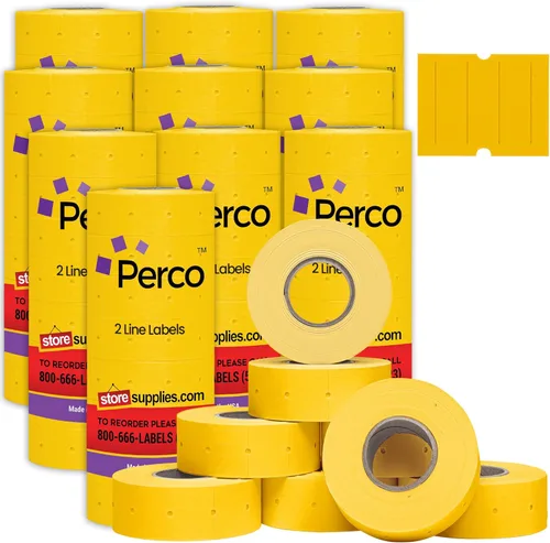 Vista 9 de Perco Etiquetas amarillas de 2 líneas, 8 rollos, 1 manga, 6,000 etiquetas de precio en blanco y fecha para pistolas Perco de 2 líneas de precio