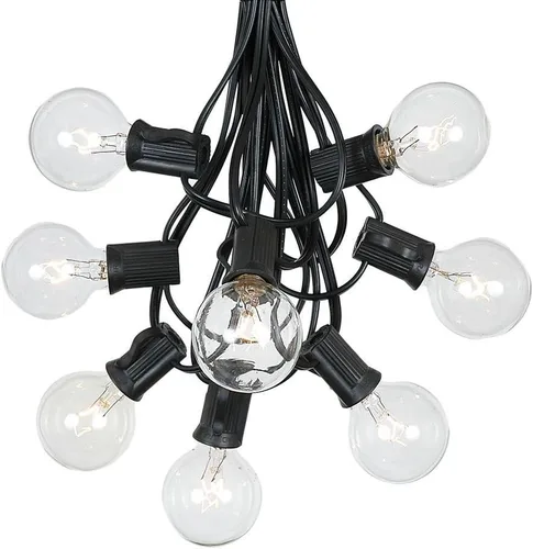 G40 - Tira de luces para patio y cafetería, 25 pies, 25 bombillas de globo transparente, para interiores y exteriores, alambre negro negro (Black
