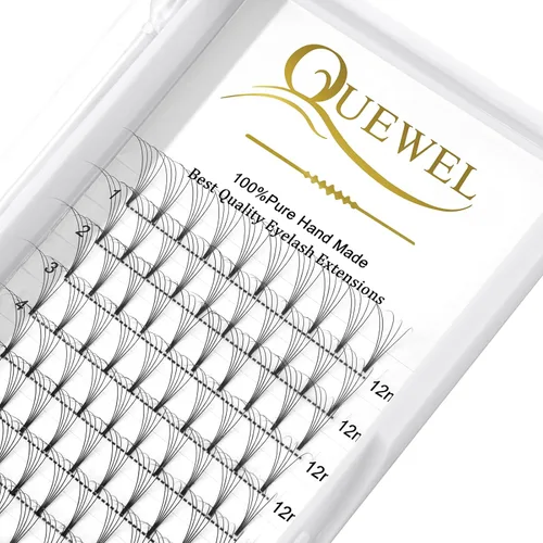 Vista 12 de QUEWEL Extensiones de pestañas listas para colocar, Extensiones de pestañas en abanico prefabricadas 3D de 0.07mm de grosor, rizado C, 10mm