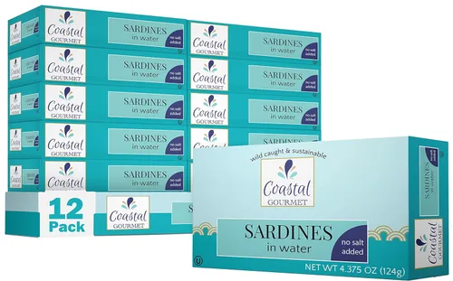 Coastal Gourmet Sardinas en agua, sin sal añadida, 4.375 onzas (paquete de 12) (el embalaje puede variar)