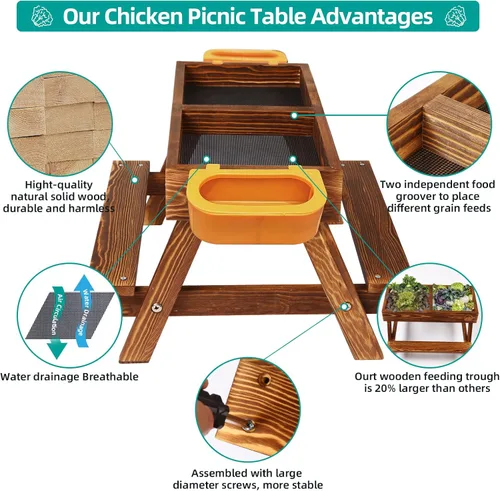 Vista 3 de Mesa de picnic de pollo, comedero de pollo sin desperdicios hecho a mano de madera carbonizada, kit grande de comedero de pollo para bricolaje