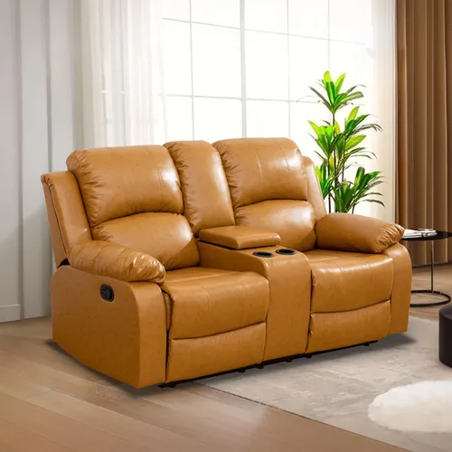 Vista 51 de Juego de Muebles para Sala de Estar, Juego de Sofá Reclinable Manual, Juegos de Sofás Reclinables de Cuero Beige con Mesa Desplegable, Sofá