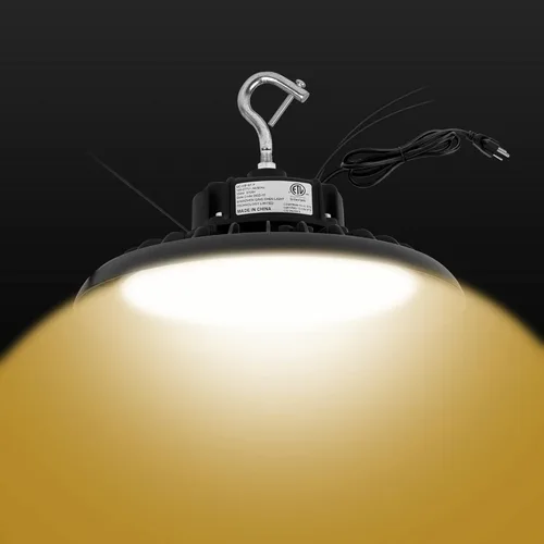 Q QINGCHEN Luz blanca cálida de 3000 K 2700 K LED de alta bahía 150 W 0-10 V regulable, certificado ETL de espectro completo UFO LED Shop Light