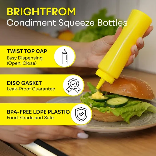 Vista 2 de BRIGHTFROM Botellas exprimibles para condimentos, color amarillo, botella vacía de 8 onzas con cuello ancho, ideal para salsa de tomate, mostaza
