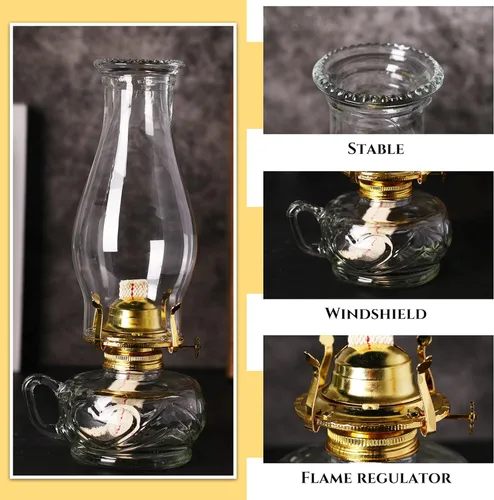 Vista 3 de 4 lámparas de aceite de cámara grande, lámpara de queroseno de vidrio vintage transparente, lámpara decorativa de huracán, linterna de aceite