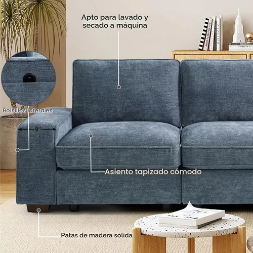 Vista 5 de TEKAMON Sofá modular de 100 pulgadas con almacenamiento en los asientos, cómodo sofá de tela de felpilla de 3 plazas para sala de estar, oficina Azul