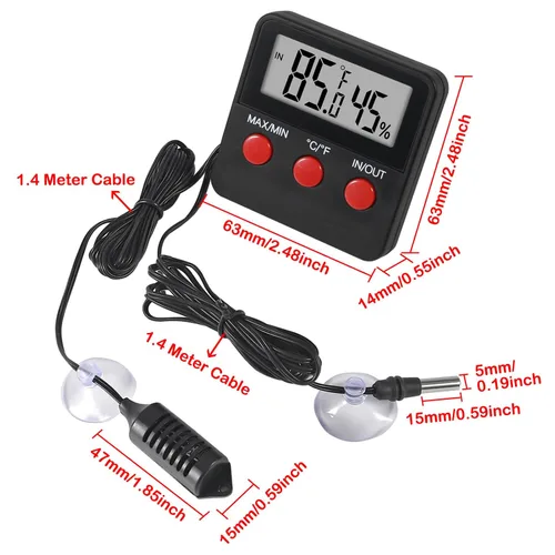 Vista 6 de Termómetro de reptiles y medidor de humedad con sondas y ventosa Termómetro de terrario de reptiles higrómetro Pantalla digital Termómetro