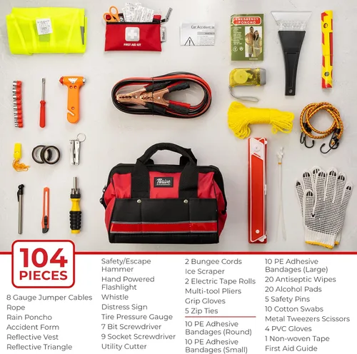 Vista 2 de Thrive Asistencia en carretera Kit de emergencia para automóviles + Kit de primeros auxilios - Bolsa de herramientas resistente - Contiene cables