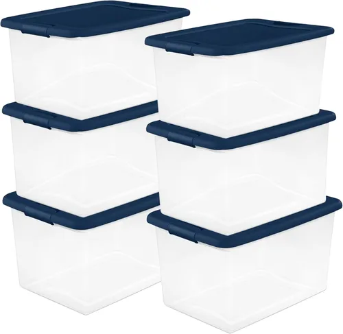 Sterilite Programa de Color Paquete de 6, Contenedores de Almacenamiento Grandes de Plástico Transparente con Tapas, 64 Cuartos, Azul - Cajas