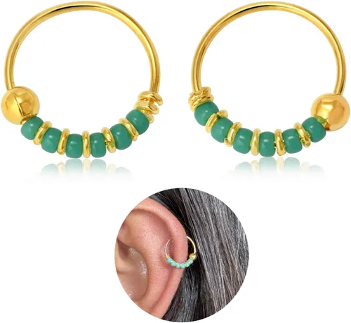 Creations - Par de aretes de aro hechos a mano con cuentas de cartílago pequeño de 0.394 pulgadas, plata de ley 925, cuentas de color blanco, aros