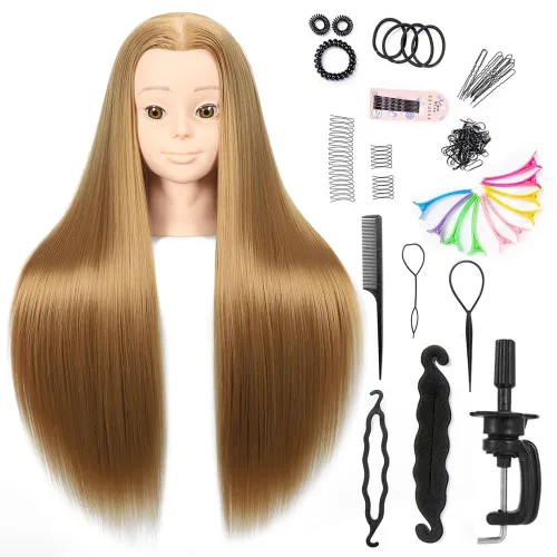 Headdoll Cabeza de maniquí de 26 a 28 pulgadas, cabeza de maniquí para peinar el cabello y soporte de mesa libre, cabeza de entrenamiento, maniquí