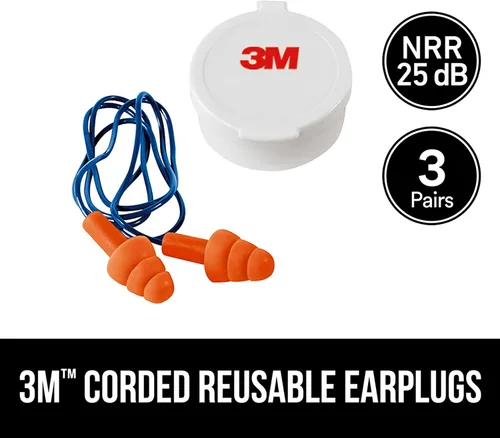 Vista 2 de 3M Tapones para los oídos reutilizables con cordón, paquete de 3, clasificación de reducción de ruido (NRR) 25 dB, fáciles de usar e insertar