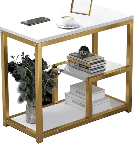 Vista 8 de Mesa de consola moderna para sofá con estantes, mesa de entrada, mesa auxiliar para espacios pequeños con marco de metal, mesa de almacenamiento