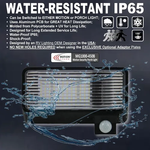 Vista 3 de MG1000-450B, luz LED de sensor de movimiento para porche montada en exterior de RV, con clasificación IP65 con INTELA-Sensor, protección