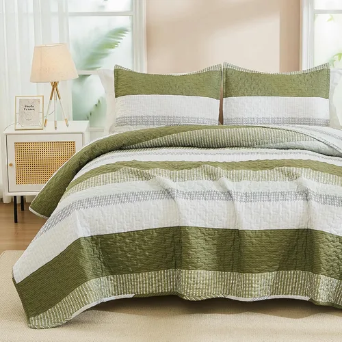 Vista 38 de Andency - Juego de ropa de cama Queen, edredón de patchwork azul mineral, 3 piezas, colcha de verano a rayas ultra suave y ligera, juego