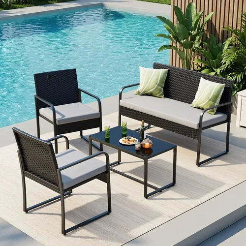 Vista 12 de Gizoon - Juego de muebles de mimbre para patio de 3 piezas; juego de bistrot al aire libre con mesa de vidrio; juego de ratán para conversar
