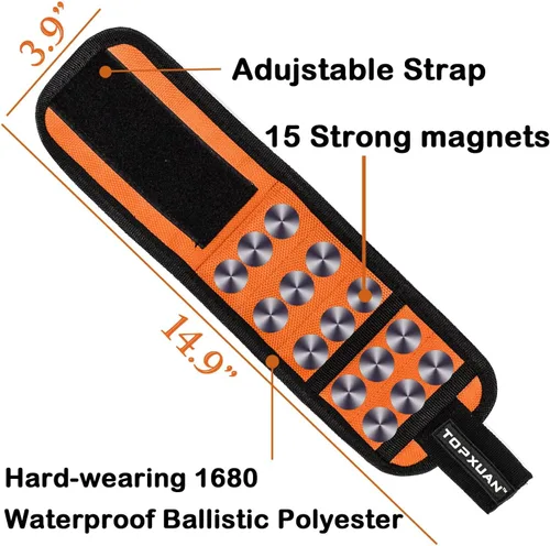 Vista 2 de Pulsera magnética de regalo para hombres, cinturón de herramientas para sujetar tornillos, clavos, brocas, con imanes, 15 imanes para carpintero