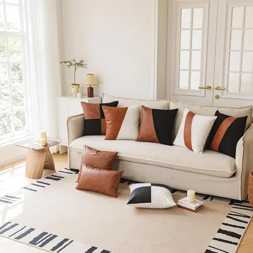 Vista 8 de Juego de 2 fundas de almohada de lino de patchwork de cuero sintético negro, fundas de almohada decorativas modernas y minimalistas para sofá, sala
