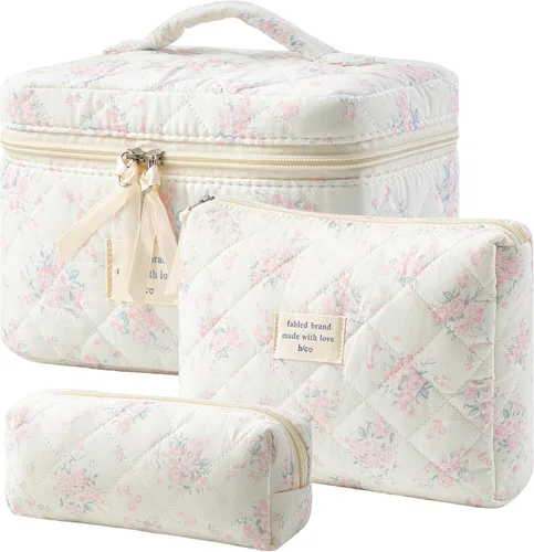 Vista 19 de HBselect Bolsa de Maquillaje Acolchada, 3 Piezas de Gran Bolsa de Maquillaje de Viaje de Algodón, Linda Bolsa de Maquillaje Floral Coquette, Bolsa