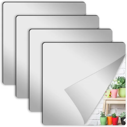 Vista 11 de 4 azulejos de espejo de pared, espejo cuadrado acrílico autoadhesivo de 10 x 10 pulgadas, hojas de espejo flexibles, calcomanías de pared sin marco