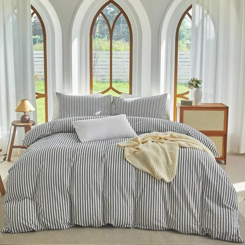 Vista 14 de Juego de funda de edredón a rayas tamaño Full 3 piezas 100% algodón lavado con textura parecida al lino natural arrugado cómodo transpirable