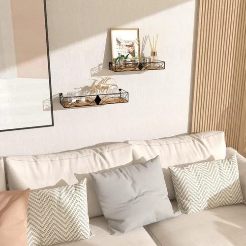 Vista 2 de MEBRUDY Juego de 2 estantes flotantes, estantes de pared rústicos con estilo rómbico para sala de estar, dormitorio, baño, cocina