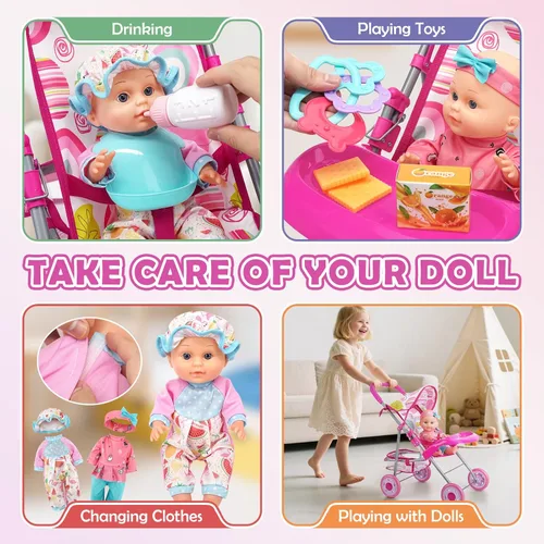 Vista 5 de Juego de cochecito de muñeca de bebé con muñeca de 12.5 pulgadas, mesa de comedor para bebé, mochila con portador, 21 piezas de accesorios