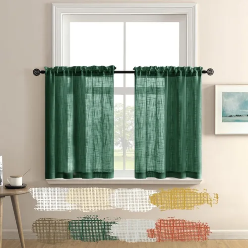 Vista 10 de Cortinas de cocina grises semitransparentes con privacidad, de lino texturizado, bolsillo con varilla, cortinas cortas de cafetería, valances