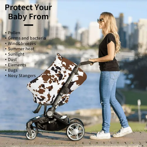 Vista 6 de Fundas de asiento de coche para bebé con estampado de vaca marrón, estampado de vaca occidental, toldo multiusos para asiento de automóvil