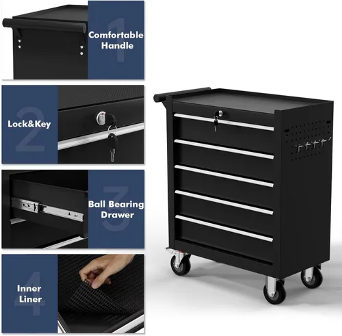 Vista 4 de Cofre de herramientas de 5 cajones, carrito de herramientas con ruedas, armario de herramientas de alta capacidad con sistema de bloqueo