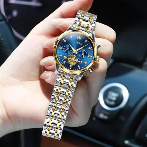 Vista 7 de OLEVS Reloj multifuncional de dos tonos para mujer, reloj analógico de cuarzo para mujer, de acero inoxidable, resistente al agua, con diamantes