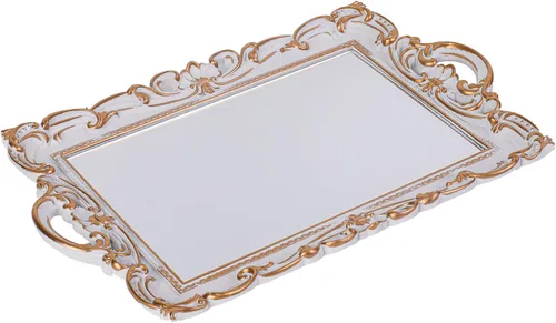 Vista 5 de Bandeja decorativa Sooyee - Bandeja de espejo blanca y dorada para tocador de baño, mesa de postres y café, decoración del hogar con asa