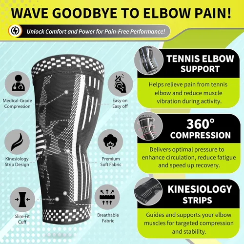 Vista 5 de BLITZU Paquete de 2 mangas de compresión de codo para tendinitis, soporte para codo de tenis para hombres y mujeres, golfistas, alivio del dolor