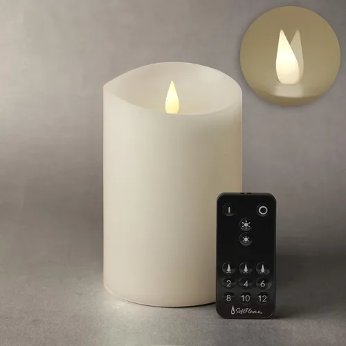 Vista 20 de Juego de velas sin llama Softflame - 5,7 cm x 10,7 cm, blanco, set de 2 - Vela de pilar con llama parpadeante y en movimiento, incluye control