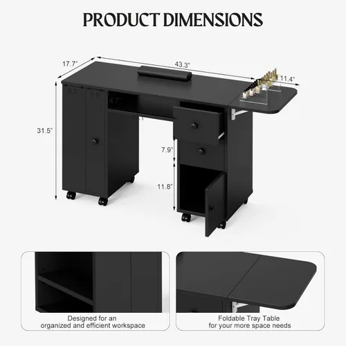 Vista 2 de Paddie Mesa de manicura con mesa extensible, mesa de escritorio de uñas para tecnología de uñas con soporte para bolsa de basura y cajón vertical