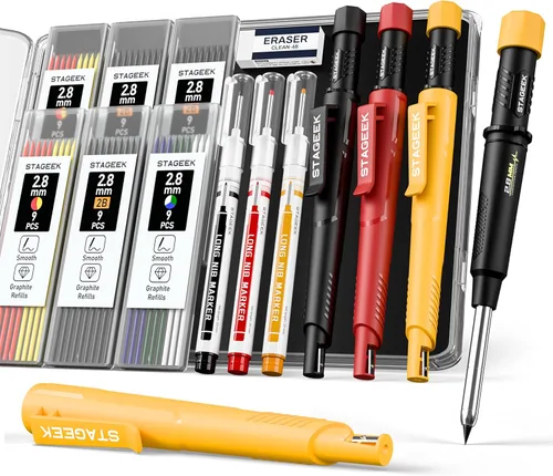 Vista 10 de STAGEEK Lápiz de carpintero con sacapuntas, lápices mecánicos de carpintero con 19 repuestos, lápiz de construcción, herramientas de carpintería